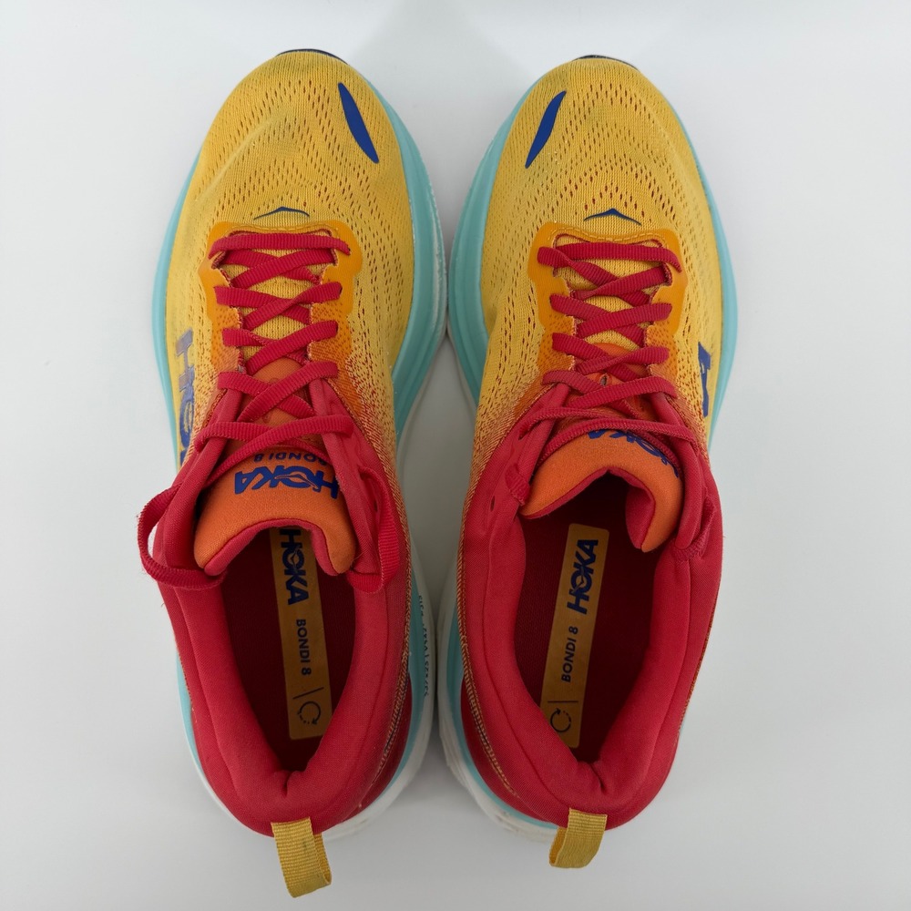 Hoka Bondi 8 Running Shoes Mens 12 2E Yellow Red Blue Wide 1127953 CRSCL - Picture 5 of 7